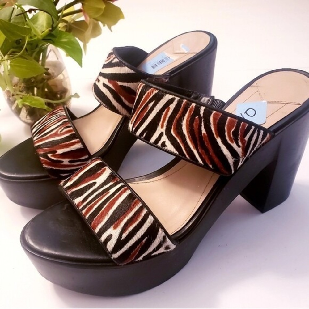 Derek Lam Sandals Leather Size 10 Black Slip On Slide Platform Heels Zebra $475